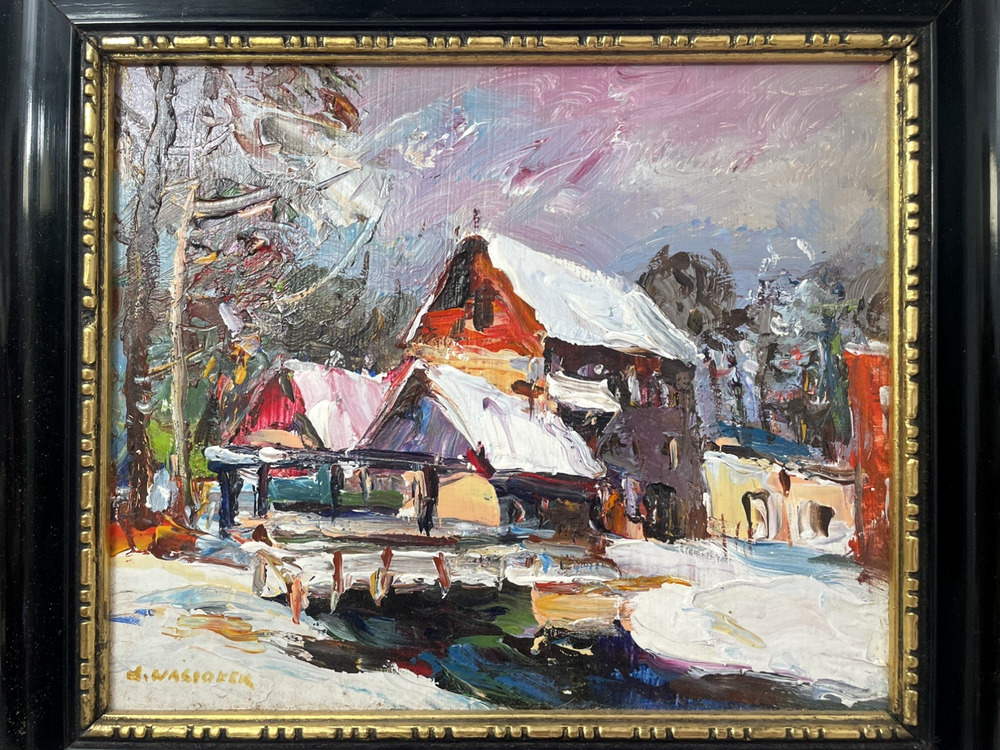 Jozef Wasiolek (1921-2008) Oil Painting Impressionist Winter Village Impasto